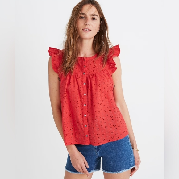 Madewell Eyelet Ruffle Sleeve Bib Top Black Button Down Size Medium - Picture 2 of 12